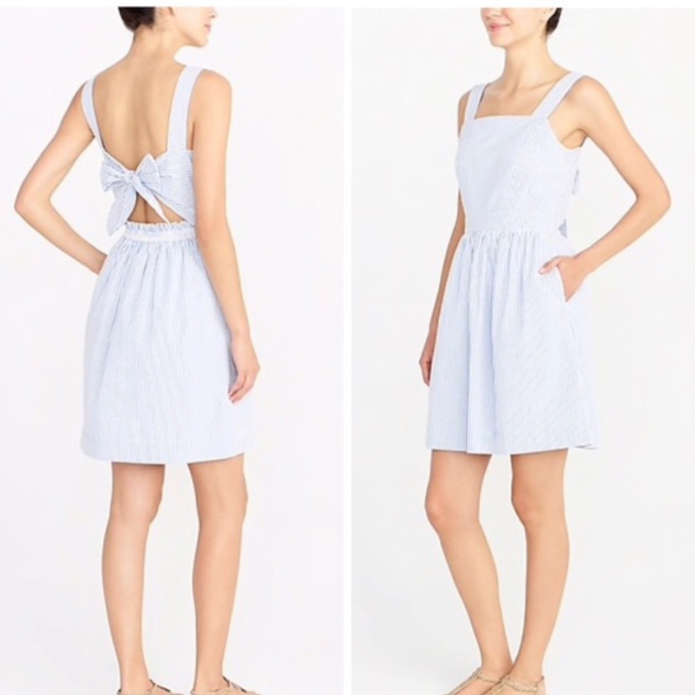 J. Crew Seersucker Apron Tie Bow Striped Dress
